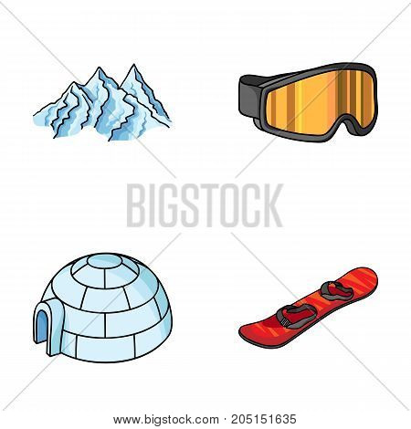 Mountains, goggles, an igloo, a snowboard. Ski resort set collection icons in cartoon style vector symbol stock illustration .