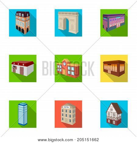 Municipality building, bank office building, stable, wooden hut, bridge and other architectural structures. Architecture and facilities set collection icons in flat style vector symbol stock illustration .