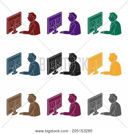 Video conference icon in black design isolated on white background. Conference and negetiations symbol stock vector illustration.