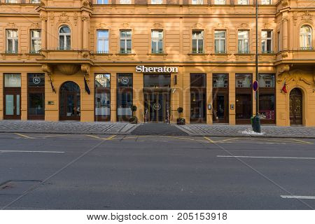 PRAGUE CZECH REPUBLIC - FEBRUARY 01 2014: Five-star hotel Sheraton. Sheraton Hotels and Resorts is Starwood Hotels and Resorts Worldwide's largest and third oldest brand.