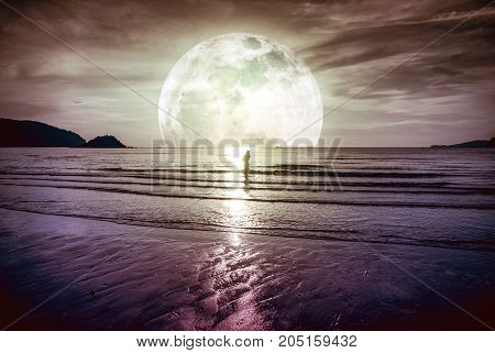 Super Moon. Colorful Sky With Cloud And Bright Full Moon Over Seascape.