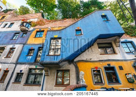 Vienna, Austria - October 14, 2016: Facade Of Huntdertwarsser House In Vienna. The Hundertwasser Hou