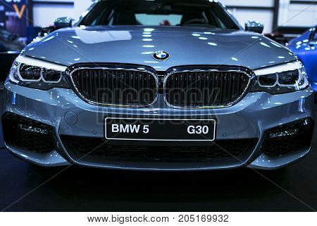 Sankt-Petersburg Russia July 21 2017: Front view of a BMW (G30) 5-series. Car exterior details. Photo Taken at Royal Auto Show July 21