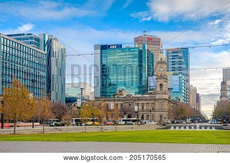 Adelaide Australia - June 28 2017: Victoria Square viewed from South to North with office buildings and traffic at morning time
