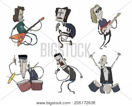 Rock music band set. Music group. Guitarists, singers and drummers play heavy metal. Vector characters. Illustration, isolated on white background.