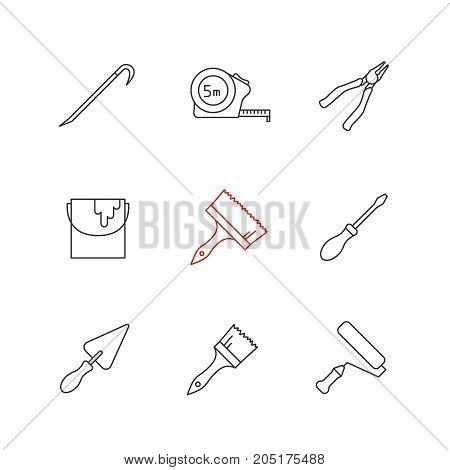 Construction tools linear icons set. Crowbar, paint brushes, roller and bucket, measuring tape, pincers, screwdriver, triangular shovel. Thin line. Isolated vector outline illustrations