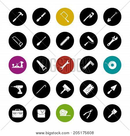 Construction tools glyph icons set. Renovation and repair instruments. Spanner, shovel, hammer, paint brush, measuring tape, chisel, crowbar. Vector white silhouettes illustrations in black circles