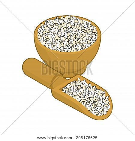 Round Rice In Wooden Bowl And Spoon. Groats In Wood Dish And Shovel. Grain On White Background. Vect