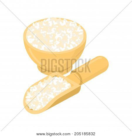 Round Rice In Wooden Bowl And Spoon. Groats In Wood Dish And Shovel. Grain On White Background. Vect