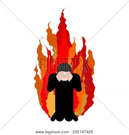 Sinner On Fire. Omg. Cover Face With Hands. Despair And Suffering. Hell Fire. Vector Illustration