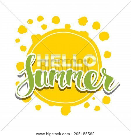 Hello Summer On Color Circle. Isolated Typographic Design Label. Season Holidays Lettering For Logot