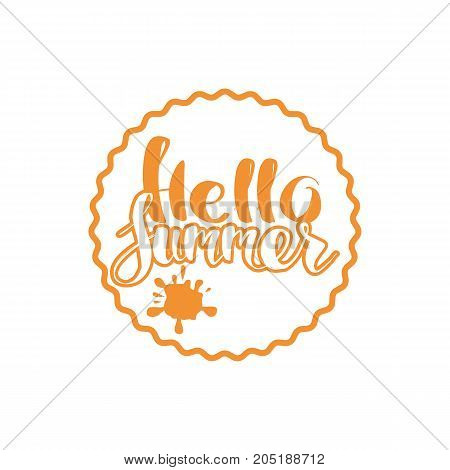 Hello Summer On Color Circle. Isolated Typographic Design Label. Season Holidays Lettering For Logot