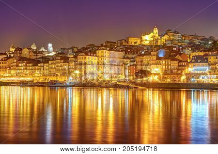 Panorama old city Porto and river Duoro at sunset, Portugal
