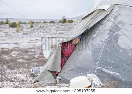 Tsaatan Boy Looing Out Of The Family Yurt In A Cold Autumn Morning