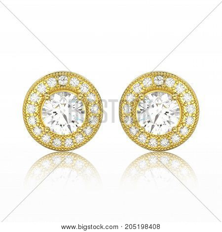 3D illustration two yellow gold diamonds screw post sterling stud earrings with reflection on a white background