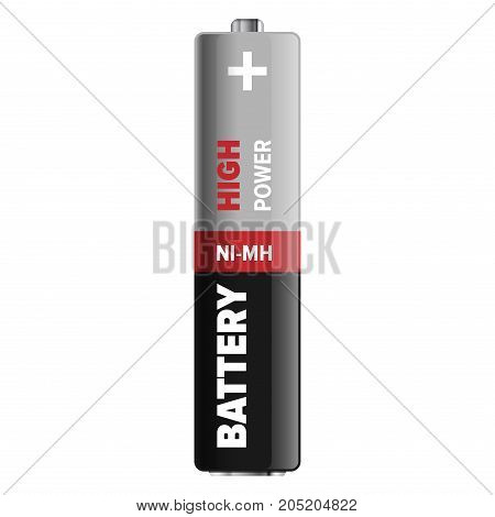 High power nickel-metal hydride type of compact battery isolated on white. Qualitative energy container for long usage in grey and black colors. Small galvanic appliance vector illustration.