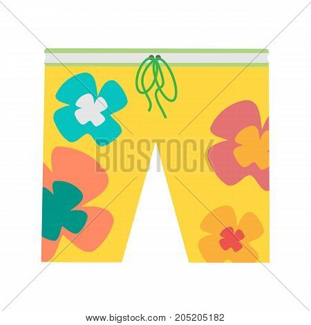 Beach shorts with flower vector. Flat style. Summer clothes. Illustration for fashion concepts, infographic, icons or web design. Man sweaming sportswear. Isolated on white background