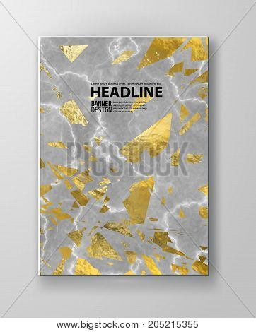 Material business card abstract banner and cover with marble texture and golden foil details on white background. Branding and identity graphic design vector template kit.