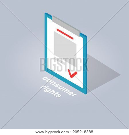 Consumer rights for safe and convenient online shopping. Big document with sign on stand isolated on grey background. Agreement between seller and buyer. E commerce advertising vector illustration.