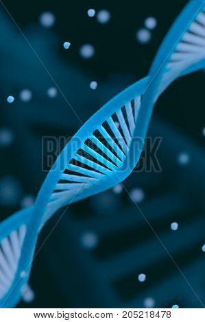DNA chain macroshot. Highly detailed render. Blue color. Scientific background or medical backdrop. Great for poster, book cover, flyer or folder. Shallow DOF. 3D illustration