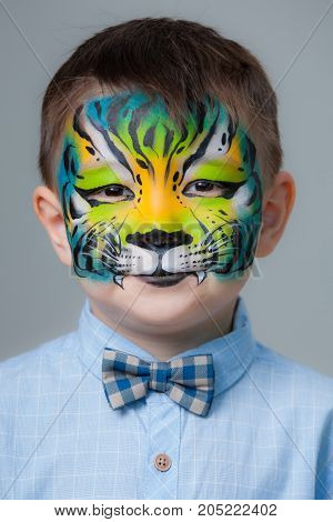 little boy painted like a tiger on a gray background. face painting