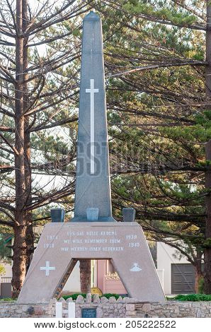 WALVIS BAY NAMIBIA - JULY 1 2017: A World War 1 and 2 memorial in Walvis Bay in the Namib Desert on the Atlantic Coast of Namibia