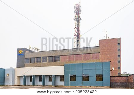 WALVIS BAY NAMIBIA - JULY 1 2017: The technical offices and microwave telecommunications tower of Telecom Namibia in Walvis Bay on the Atlantic Coast of Namibia