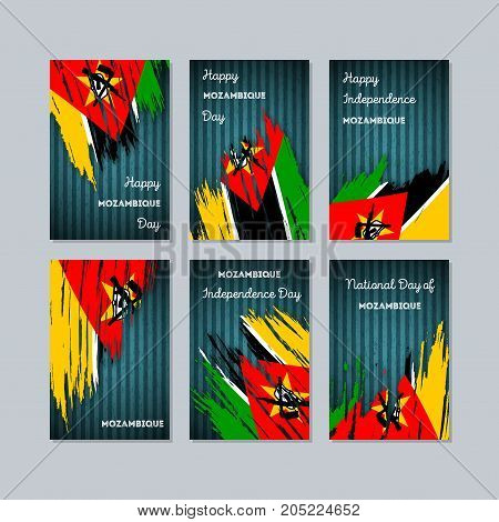 Mozambique Patriotic Cards For National Day. Expressive Brush Stroke In National Flag Colors On Dark