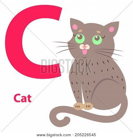Alphabet vector illustration with cute cartoon cat with green eyes and big red letter C isolated on white background. Visualisation for children of ABC to make memorizing faster and funnier.