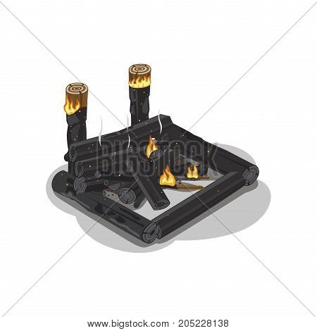 Dark burnt firewood with weak flame on white. Vector illustration of isolated place with black logs in square shape with fire. Flame made of forest trees for heating. Campfire tourist symbol