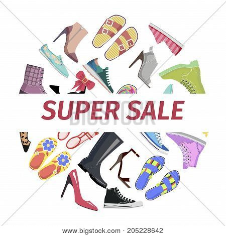Super shoes sale circle concept. Leather and textile boots, sneakers and flip-flops sandals flat vector isolated on white background. Variety footwear illustration for discounts at end of season promo