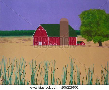 Acrylic Painting on Canvas of Red Barn and Farmland