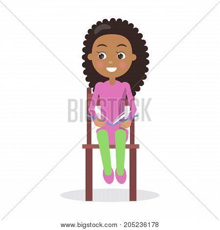 African smiling Girl with textbook sits on chair and reads interesting enciclopedia, vector illustration dedicated to International World Book and Copyright Day