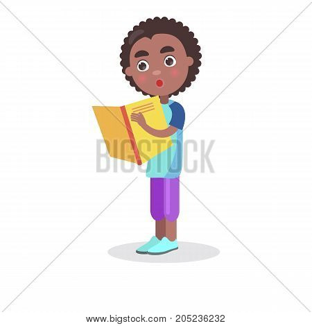 African smiling boy with textbook reads interesting enciclopedia, vector illustration dedicated to International World Book and Copyright Day