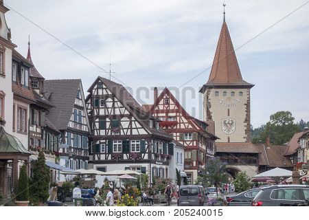 GENGENBACH BADEN-WURTTEMBERG/ GERMANY - AUGUST 16 2017: Medieval town centre with characteristic half-timbered houses