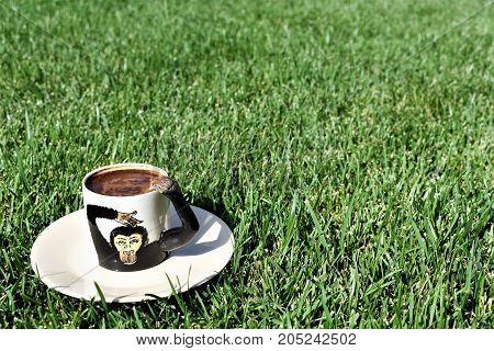 Turkish coffee. coffee grounds on the bottom of the mug. a cup on the grass. green meadow and white tableware. fortune telling, monkey cup, monkey background, funny and cute cup, green background