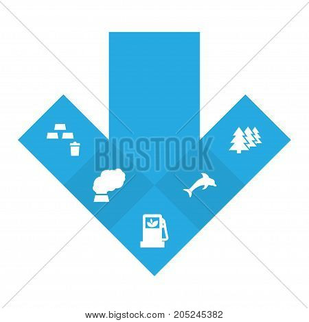 Collection Of Autorefuelling, Fish, Trashcan And Other Elements.  Set Of 5 Bio Icons Set.
