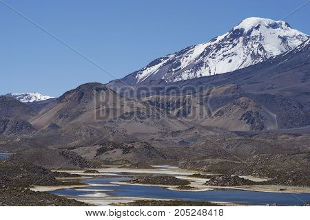 Volcano Pomerape in Lauca National Park high on the Altiplano of northern Chile. In the foreground lakes known as Lagunas de Cotacani