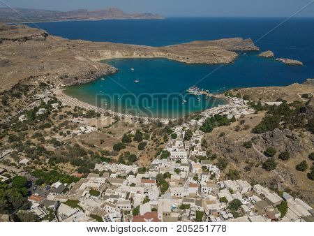 Aerial view of Lindos beach, Rhodes island, Greece