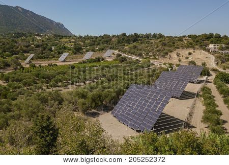 Aerial view of solar pannels in countryside