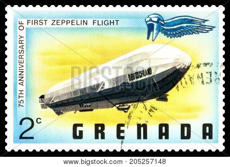 STAVROPOL RUSSIA - September 12 2017: a stamp printed in Grenada shows First Zeppelin Flight series cirka 1975