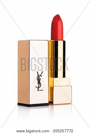 London, Uk - September 21, 2017: Golden Containers Of Luxury Yves Saint Laurent Lipstick On White  B