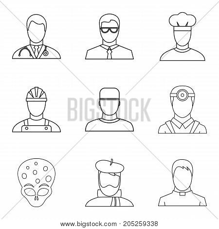 Profession icons set. Outline set of 9 profession vector icons for web isolated on white background