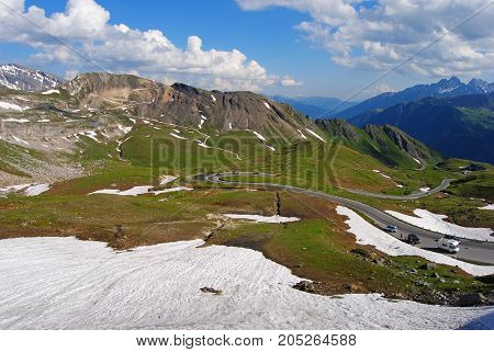 View over Grossglockner High Alpine Road in Austria from Hochtor mountain, 2504m.