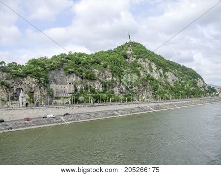 distant view of the Gellert hill with Citadella in Budapest the capital city of Hungary