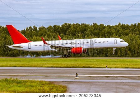 The widebody airplane is landing on the runway at airport against the background of the forest and blue sky. Summer sunny weather. The moment of touching the wheels of the runway Smoke from the wheels