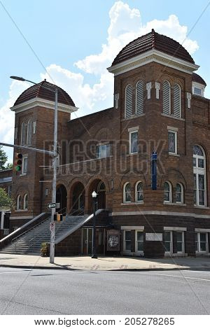 BIRMINGHAM, AL - JUL 23: 16th St Baptist Church in Birmingham, Alabama, as seen on July 23, 2017. Now a National Historic Landmark, the church is known for the tragic racially motivated bombing in 1963.
