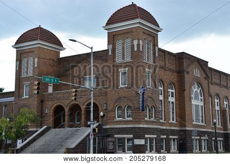 BIRMINGHAM, AL - JUL 23: 16th St Baptist Church in Birmingham, Alabama, as seen on July 23, 2017. Now a National Historic Landmark, the church is known for the tragic racially motivated bombing in 1963.