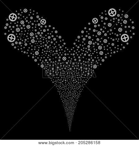 Clock Gear explosive stream. Vector illustration style is flat white iconic clock gear symbols on a black background. Object fountain organized from random pictographs.