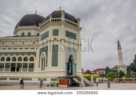 MEDAN, INDONESIA - SEPTEMBER 19,2017 : Great Mosque of Medan or Masjid Raya Al Mashun is a mosque located in Medan, Indonesia. The mosque was built in the year 1906 and completed in 1909 and one of the largest mosques in Medan